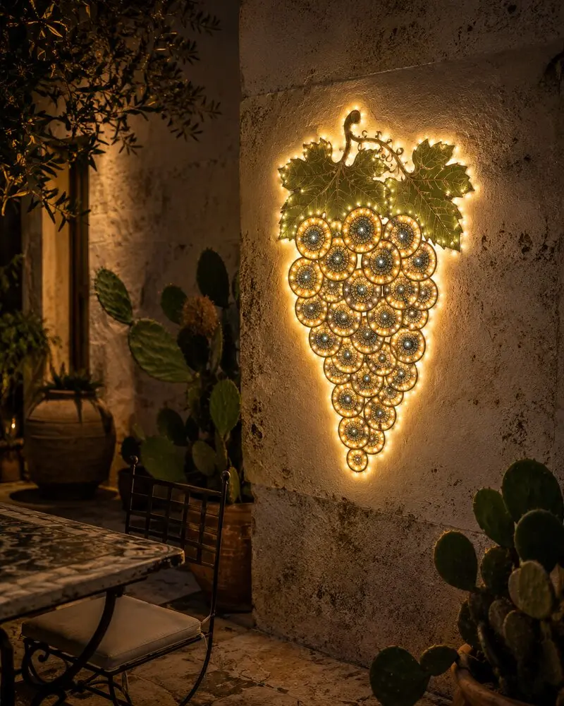 Luminaria artigianale a forma di grappolo d'uva illuminata a Oria